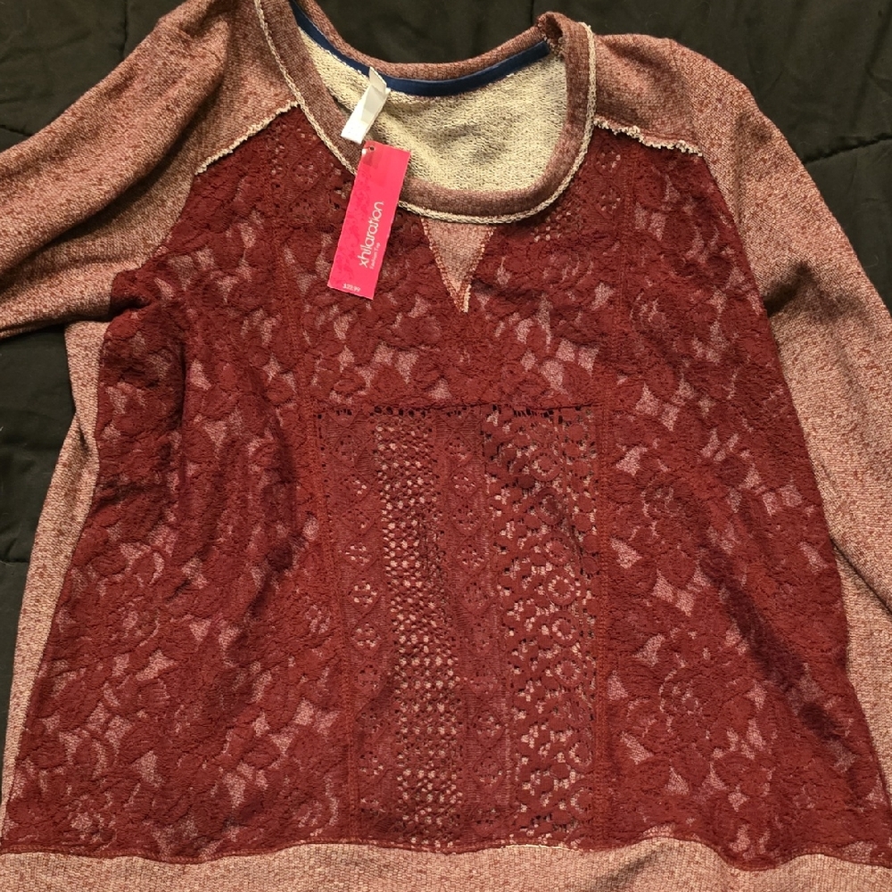 NWT Xhilaration Burgundy Lace-Panel Sweater